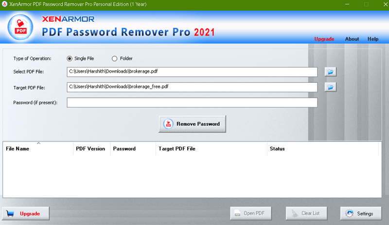 PDF Password Remover Pro by XenArmor - Interface