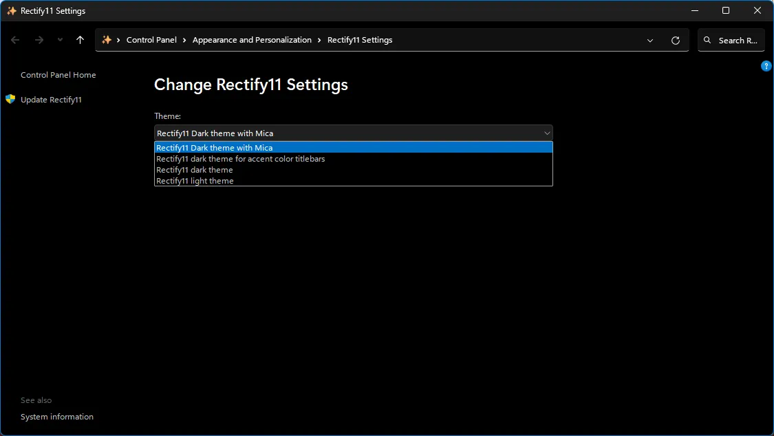 Rectify11 Settings Panel